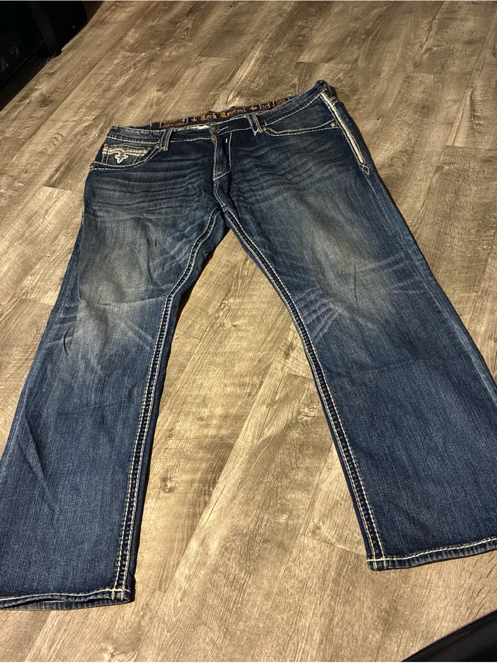 Mens Rock Revival Jeans Lowry Leather Inserts Faux Straight SZ 42 Blue Used